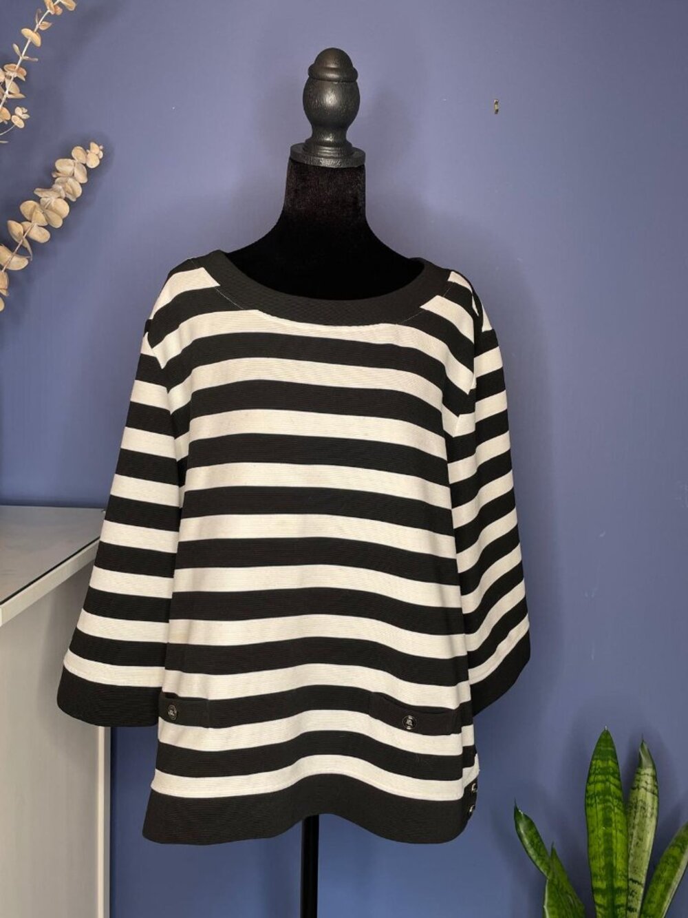 Karl Lagerfeld Paris Striped Knit Tunic Top Black Ivory L/XL